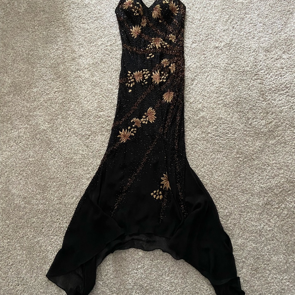 Sue Wong Black Silk Dress with Gold Accents